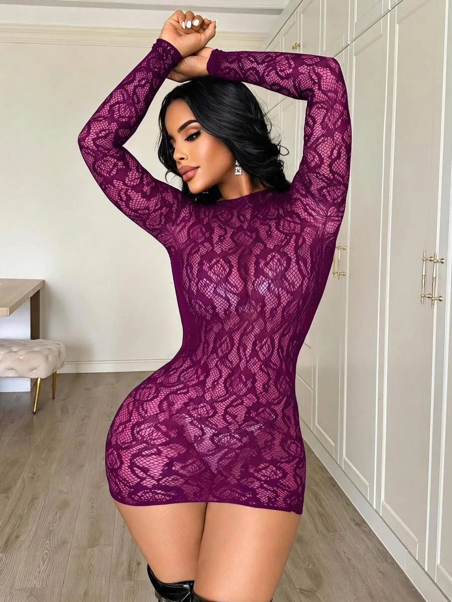 SHEIN ChaseTheNight ملابس داخلية نسائية شبكية شفافة بأكمام طويلة ورباط ظهر بلون أرجواني
