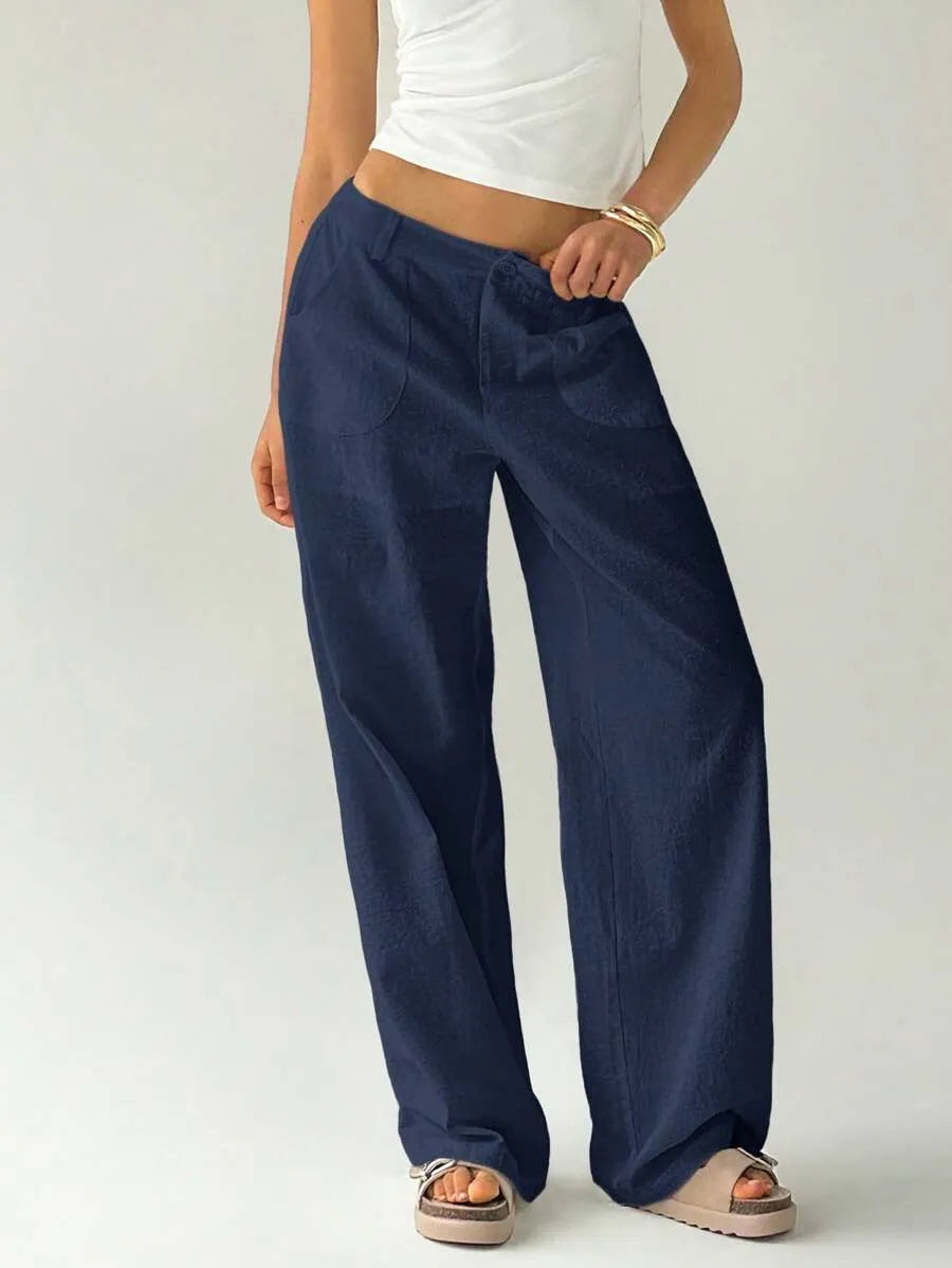 SHEIN Easelle بنطلون نسائي بخصر منخفض وساق مستقيمة وجيوب بلون أزرق داكن