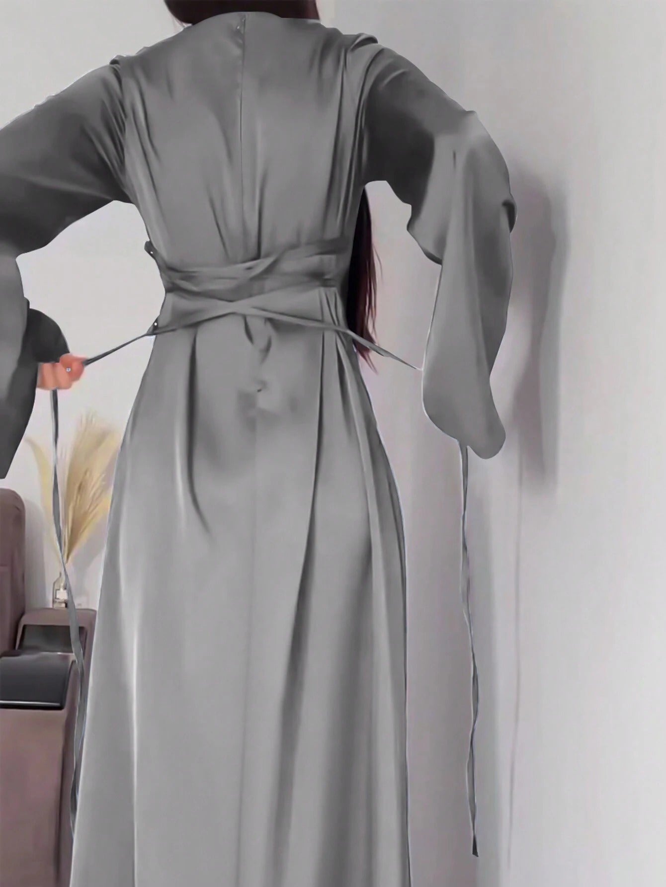 SHEIN فستان أنيق عربي شرقي طويل بأكمام واسعة وياقة دائرية