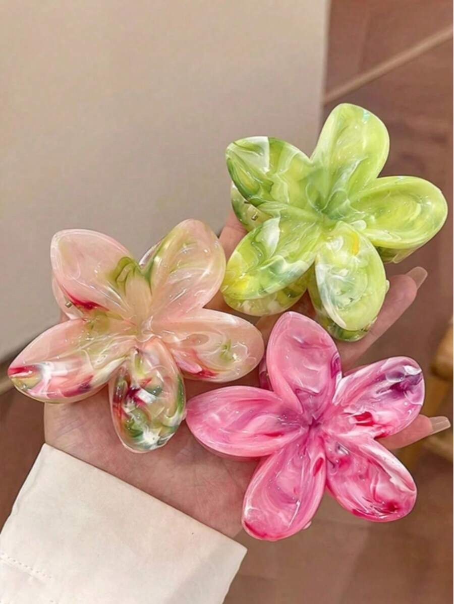 SHEIN مجموعة مشابك شعر زهرية وخضراء كبيرة