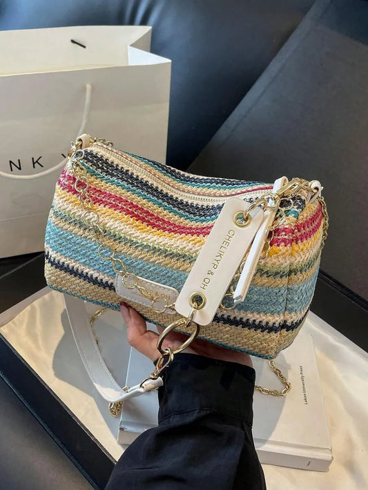 SHEIN حقيبة كتف وكروس بودي من القش المنسوج بخطوط متباينة