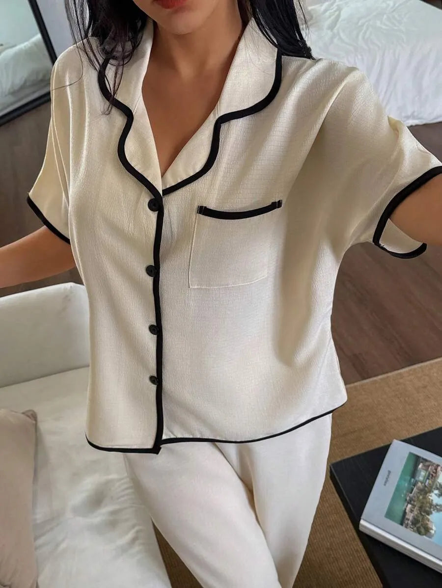 SHEIN Dream Adore بيجامة 2 قطعة بلون بيج فضفاضة بأكمام قصيرة وبنطلون طويل