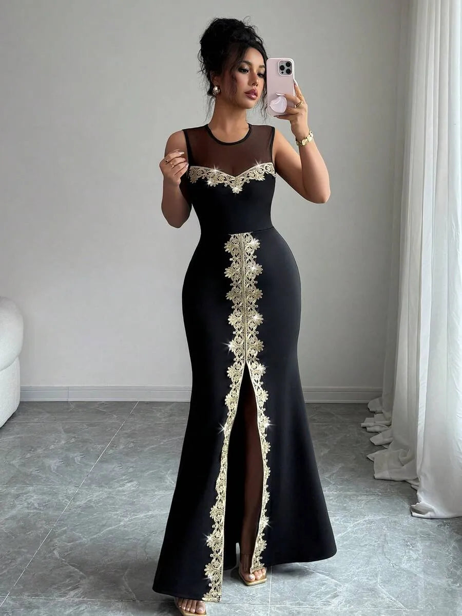 SHEIN Elenzga فستان ماكسي بدون أكمام بياقة دائرية وخصر مرتفع وكشكش بلون الأسود