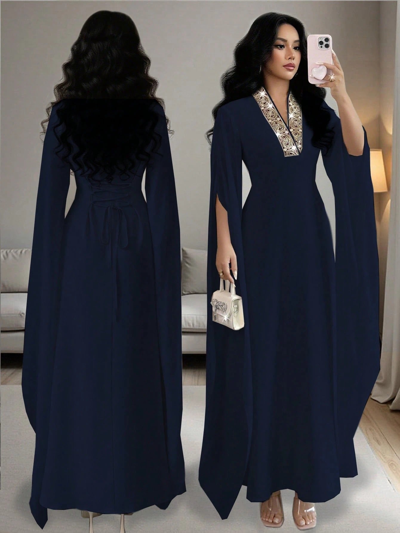 SHEIN Rafferiza  Vفستان ماكسي أنيق بلون أحادي بياقة وأكمام طويلة مشقوقة