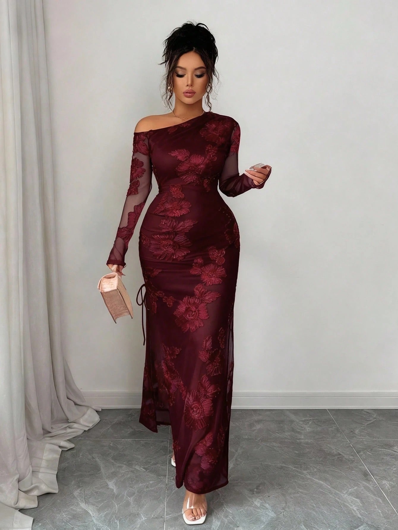 SHEIN Rafferiza فستان نسائي بشق غير متماثل من قماش الجاكار
