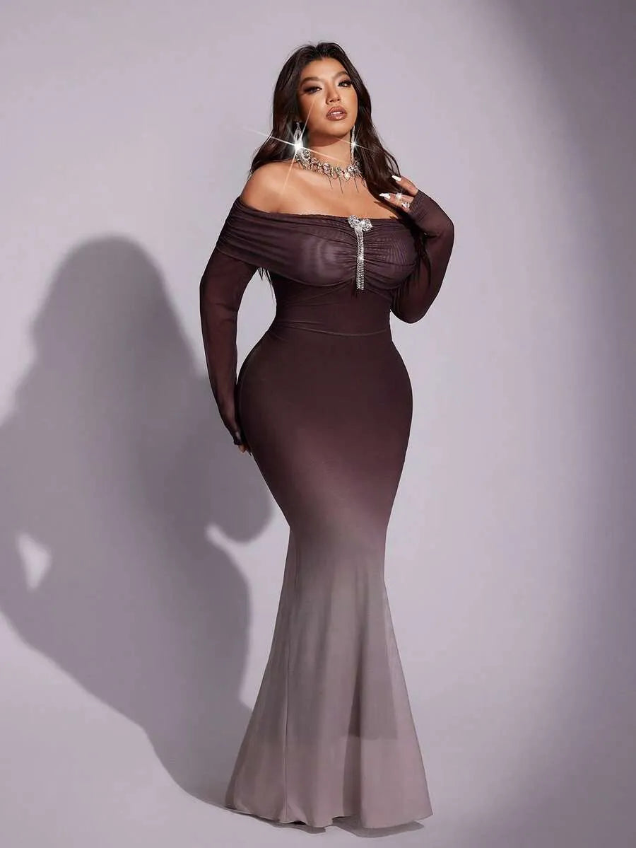 SHEIN Viva Relle فستان نسائي بكتف مكشوف وقصة حورية البحر بلون بني