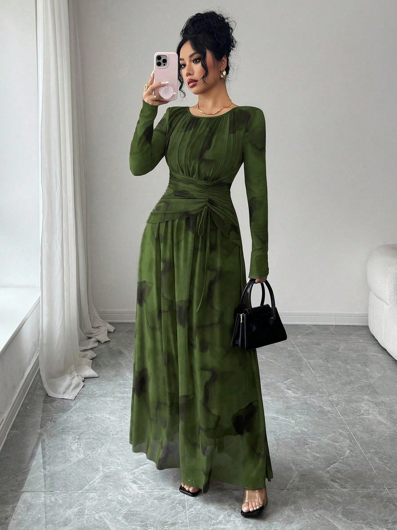 SHEIN Rafferiza فستان نسائي طويل الأكمام بطباعة صبغة