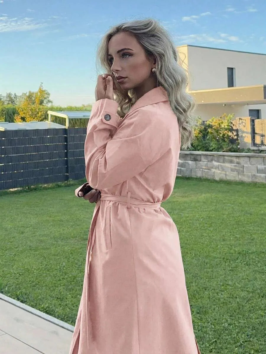 SHEIN Jeta Ari معطف ترينش ميدي مزدوج الصدر بياقة كلاسيكية وجيوب بلون وردي