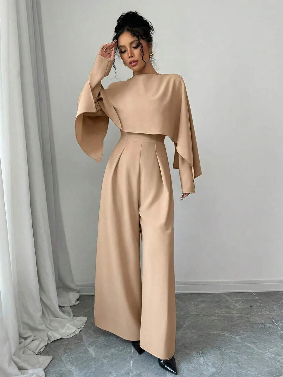 SHEIN Elenzga جمبسوت نسائي بياقة قارب وأكمام واسعة وخصر مجعد بلون مشمشي