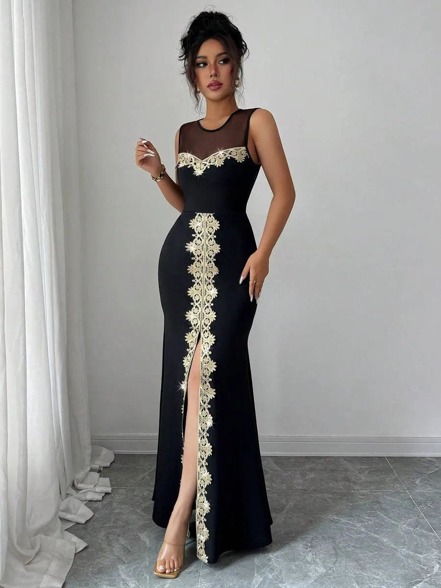SHEIN Elenzga فستان ماكسي بدون أكمام بياقة دائرية وخصر مرتفع وكشكش بلون الأسود
