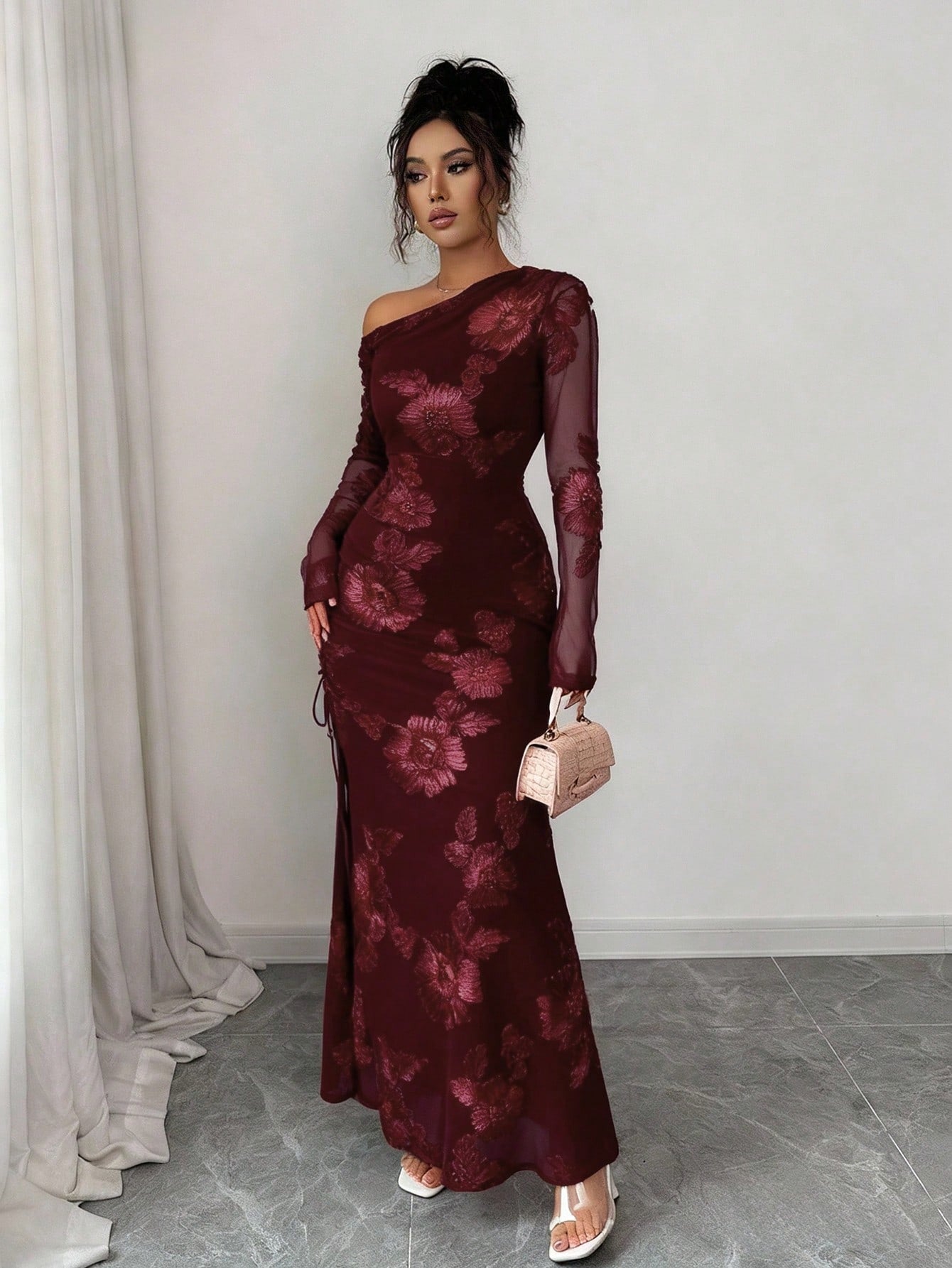 SHEIN Rafferiza فستان نسائي بشق غير متماثل من قماش الجاكار