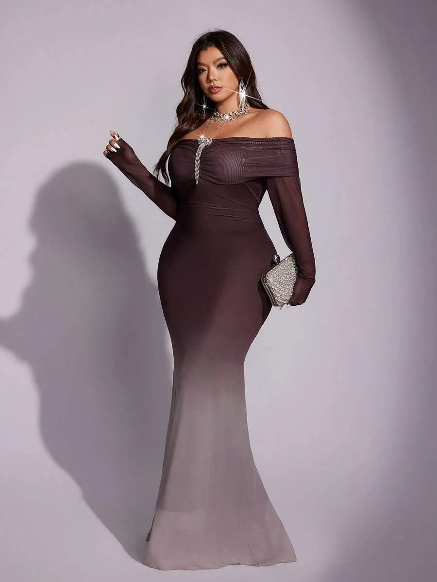 SHEIN Viva Relle فستان نسائي بكتف مكشوف وقصة حورية البحر بلون بني