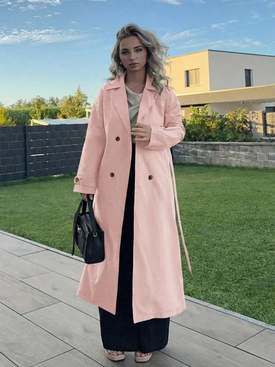 SHEIN Jeta Ari معطف ترينش ميدي مزدوج الصدر بياقة كلاسيكية وجيوب بلون وردي