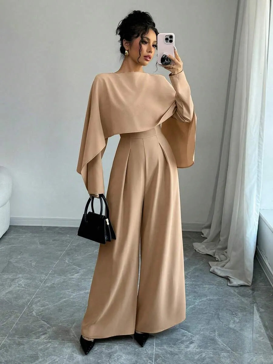 SHEIN Elenzga جمبسوت نسائي بياقة قارب وأكمام واسعة وخصر مجعد بلون مشمشي