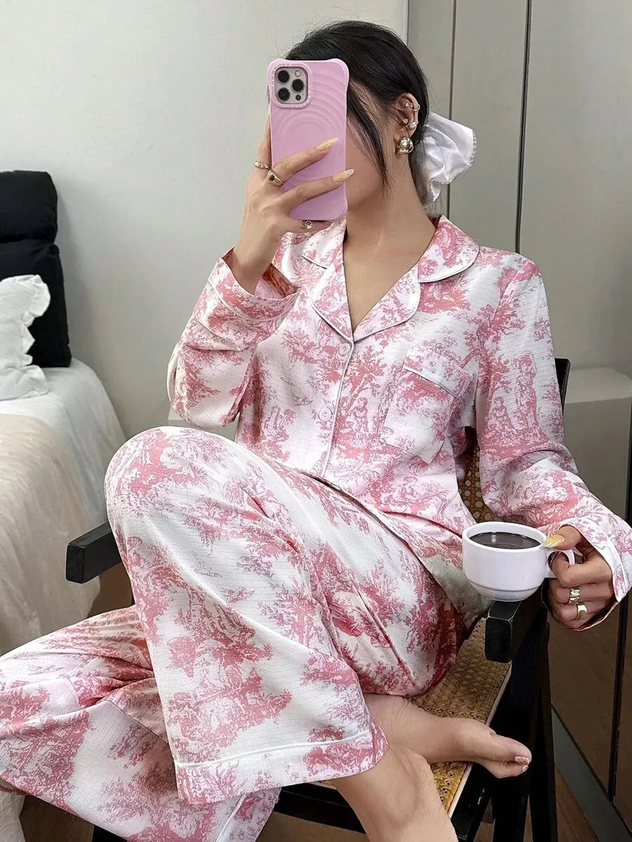 SHEIN طقم بيجامة قطعتين بياقة كارديجان بلون أبيض