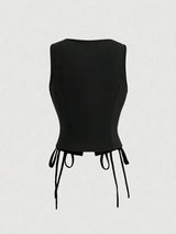 SHEIN MOD توب واسع بدون أكمام ورباط جانبي وتفاصيل حلقات معدنية بلون أسود