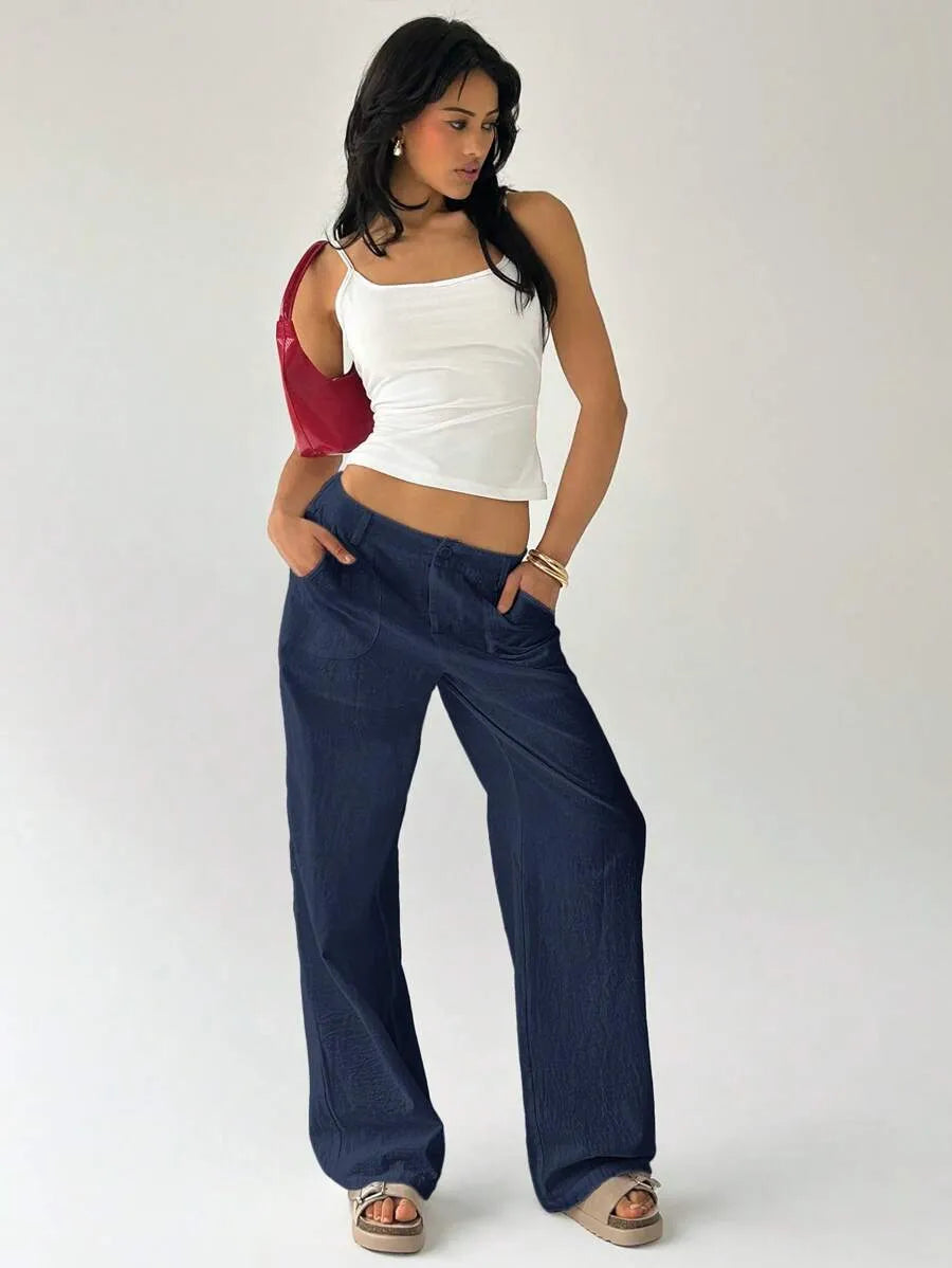SHEIN Easelle بنطلون نسائي بخصر منخفض وساق مستقيمة وجيوب بلون أزرق داكن