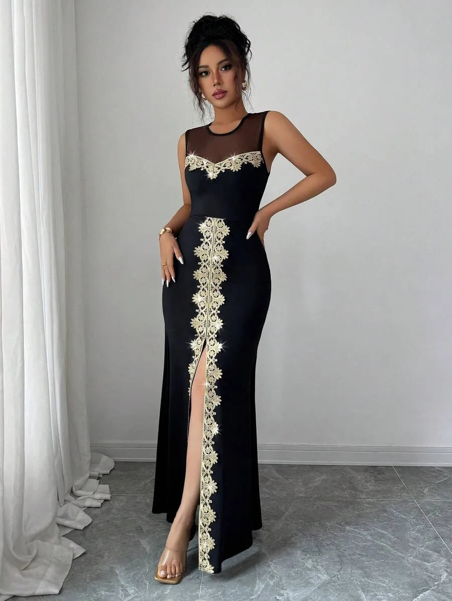 SHEIN Elenzga فستان ماكسي بدون أكمام بياقة دائرية وخصر مرتفع وكشكش بلون الأسود
