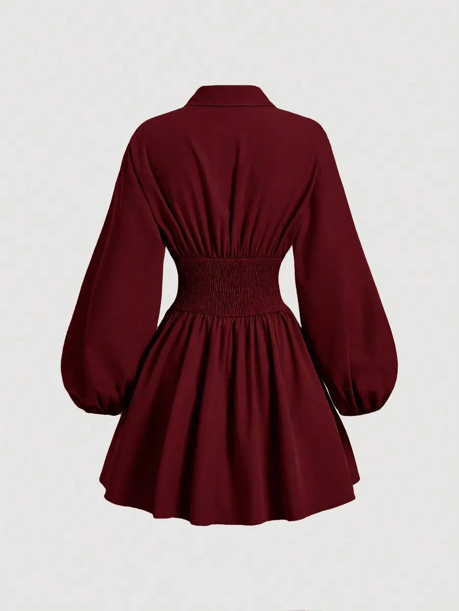 SHEIN MOD فستان قميص نسائي ميني بياقة وأكمام منتفخة وأزرار أمامية بلون عنابي