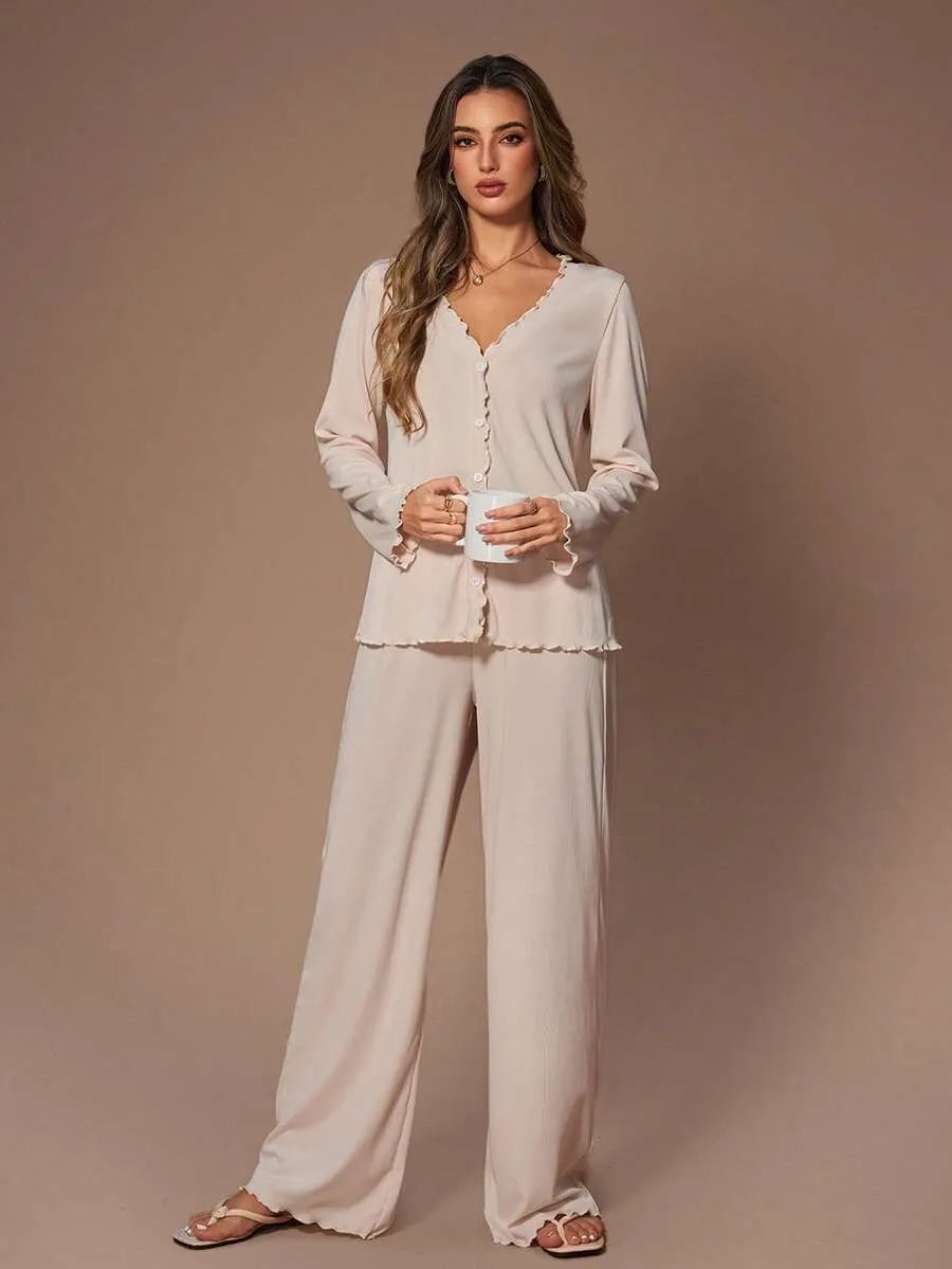 SHEIN Lazeform طقم بيجامة قطعتين كارديجان وبنطلون ضيق بلون مشمشي