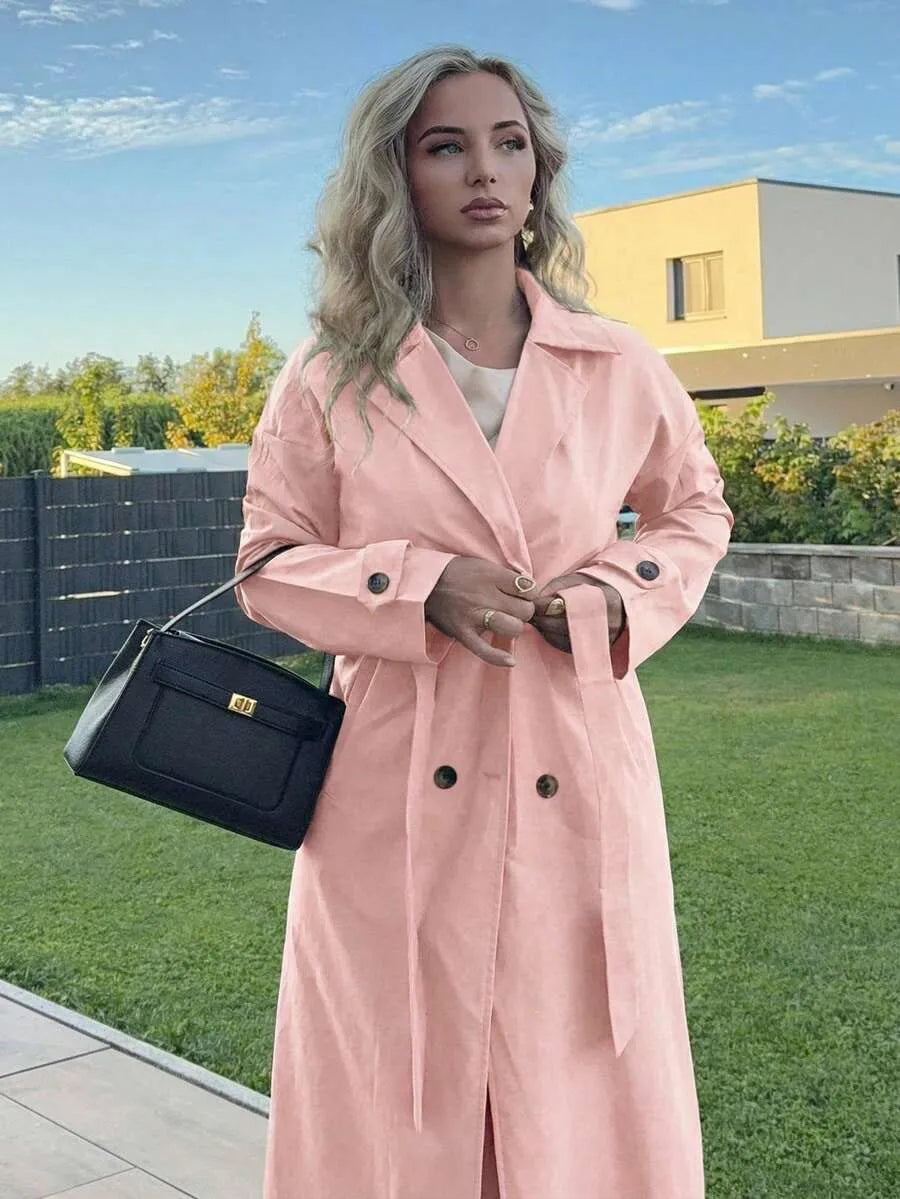 SHEIN Jeta Ari معطف ترينش ميدي مزدوج الصدر بياقة كلاسيكية وجيوب بلون وردي