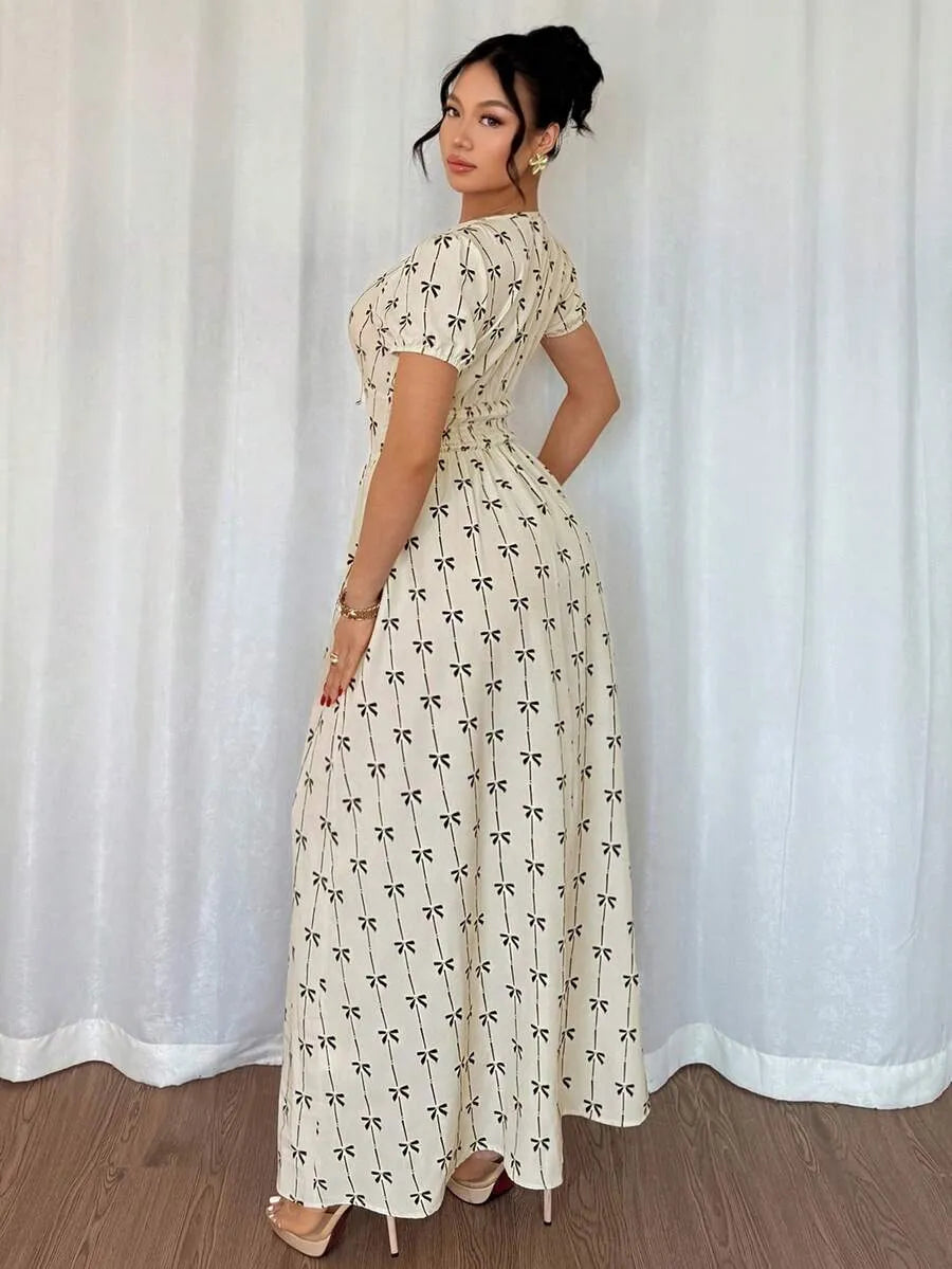 SHEIN فستان ماكسي بياقة عميقة وأكمام قصيرة وخصر ملفوف بلون مشمشي