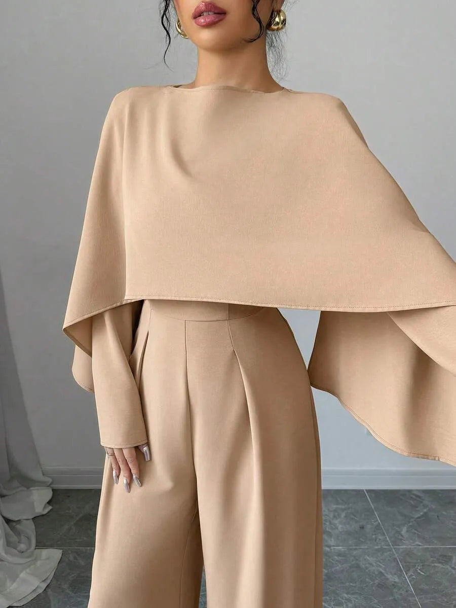 SHEIN Elenzga جمبسوت نسائي بياقة قارب وأكمام واسعة وخصر مجعد بلون مشمشي