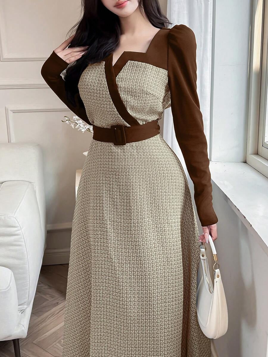 SHEIN فستان بني كاجوال طويل بستايل أنيق