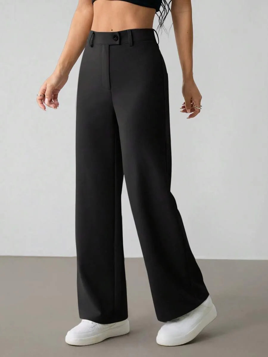 SHEIN PETITE بنطلون بلون الأسود طويل واسع الساق بخصر عالي