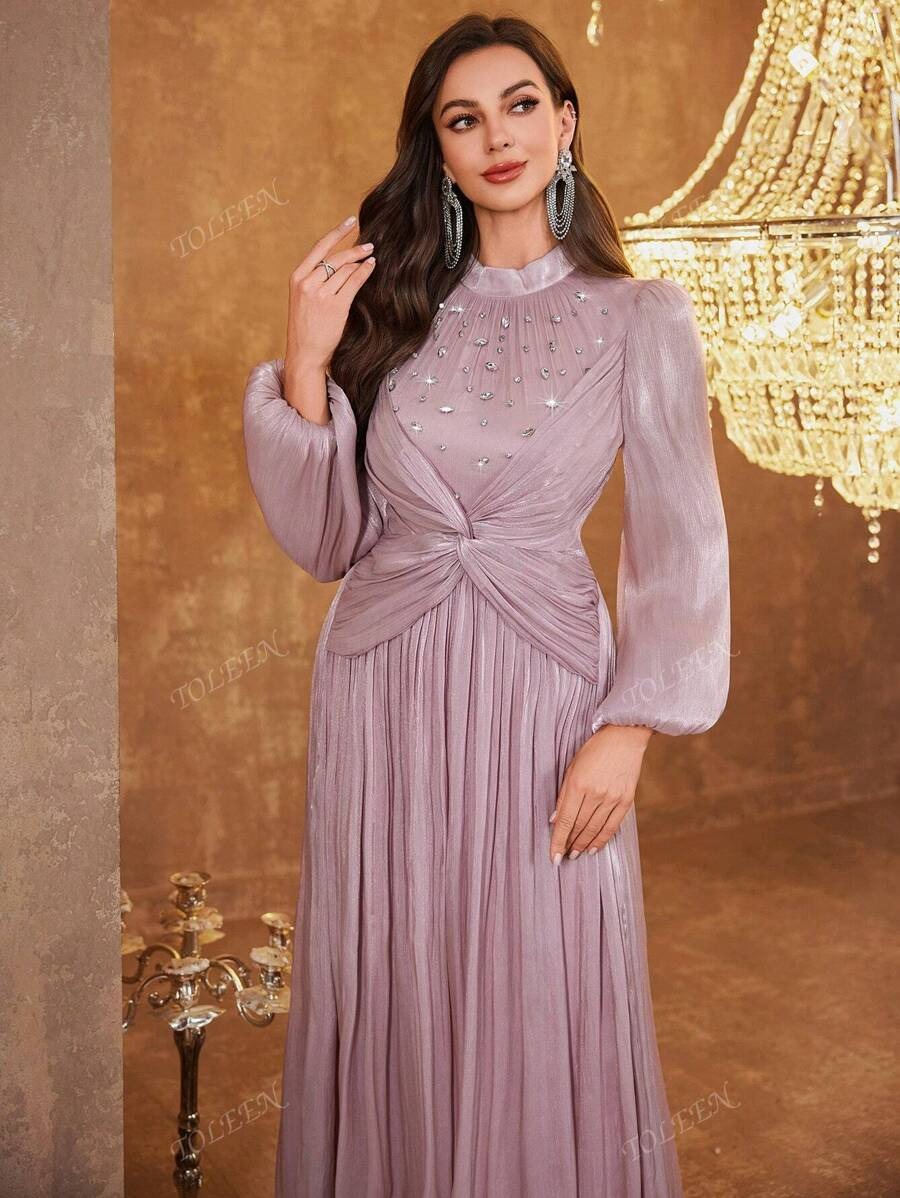 SHEIN TOLEEN فستان وردي مغبر طويل بستايل أنيق وأكمام فانوس مزينة بالراين