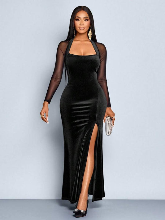 SHEIN فستان سهرة أسود أنيق بقصة ضيقة من المخمل الفاخر