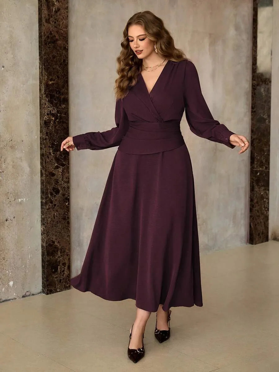 SHEIN Roveilla فستان نسائي بياقة وخصر مكشكش بلون كستنائي