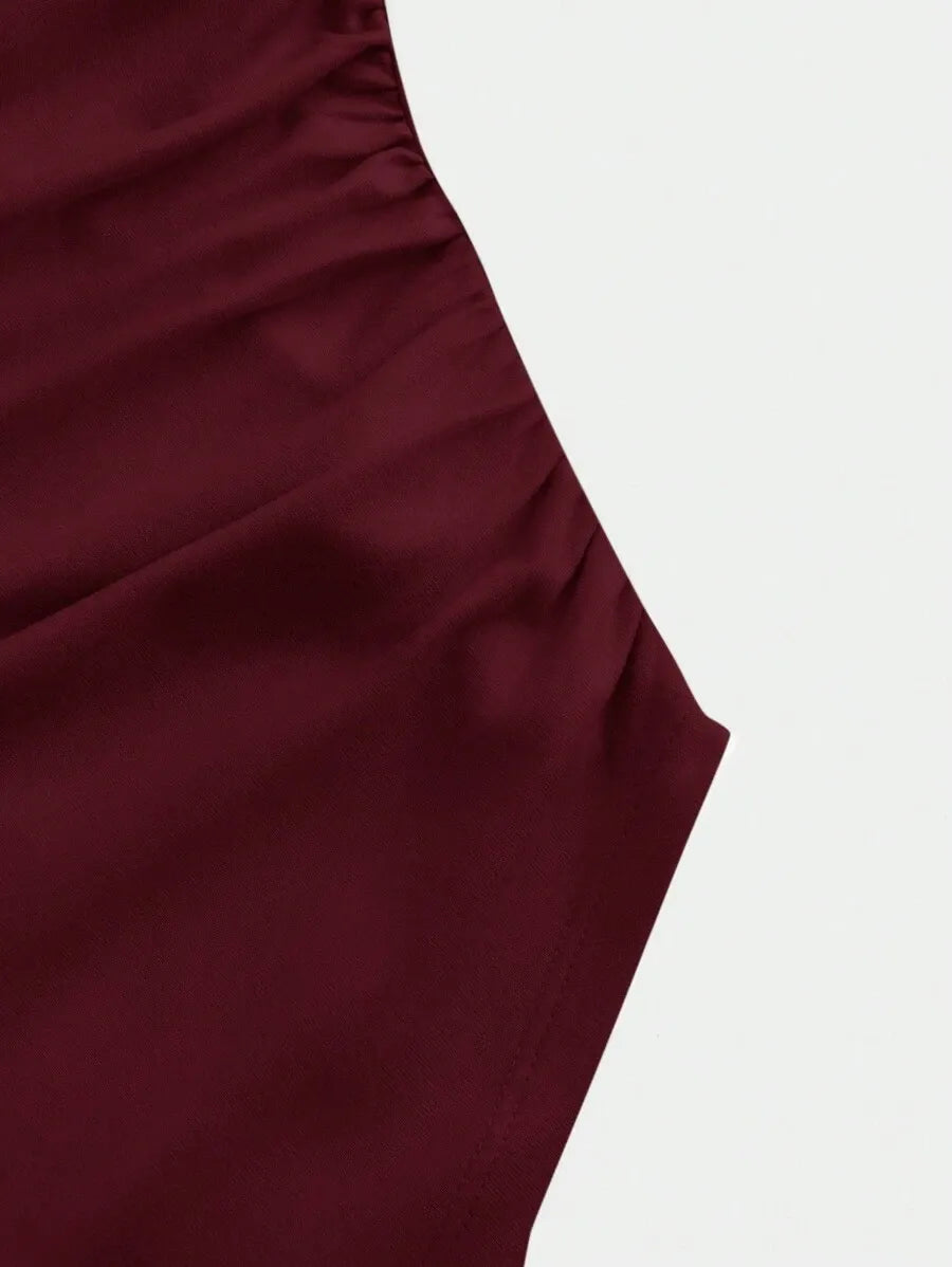 SHEIN MOD تي شيرت نسائي ضيق بياقة قارب وأكمام جرسية وتجاعيد جانبية بلون عنابي
