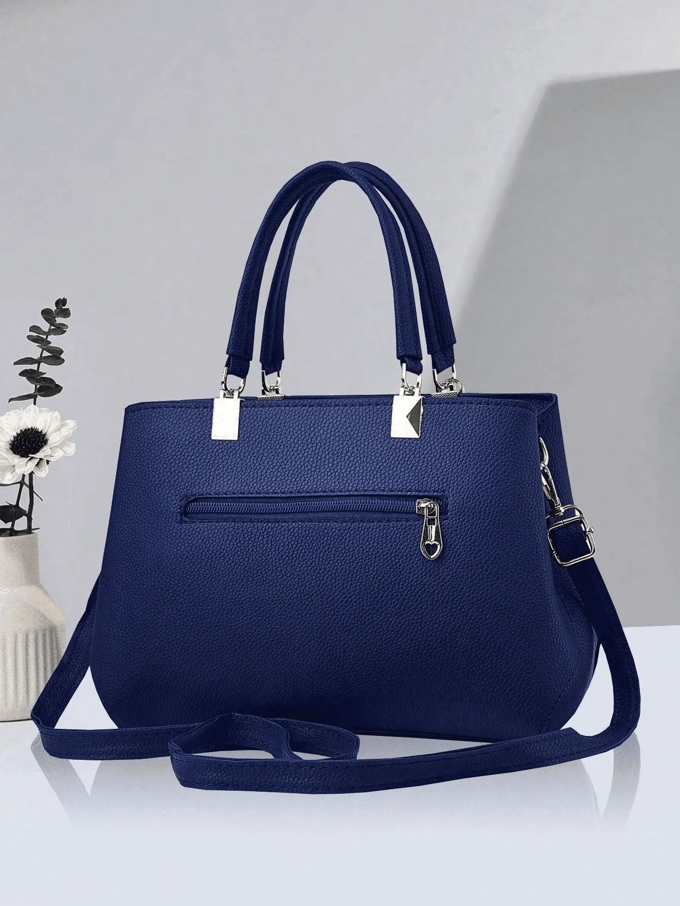 SHEIN طقم حقيبة وحافظة نقود نسائية من البولي يوريثان بلون سادة مع فيونكة وسحاب