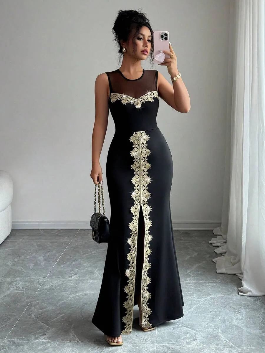 SHEIN Elenzga فستان ماكسي بدون أكمام بياقة دائرية وخصر مرتفع وكشكش بلون الأسود