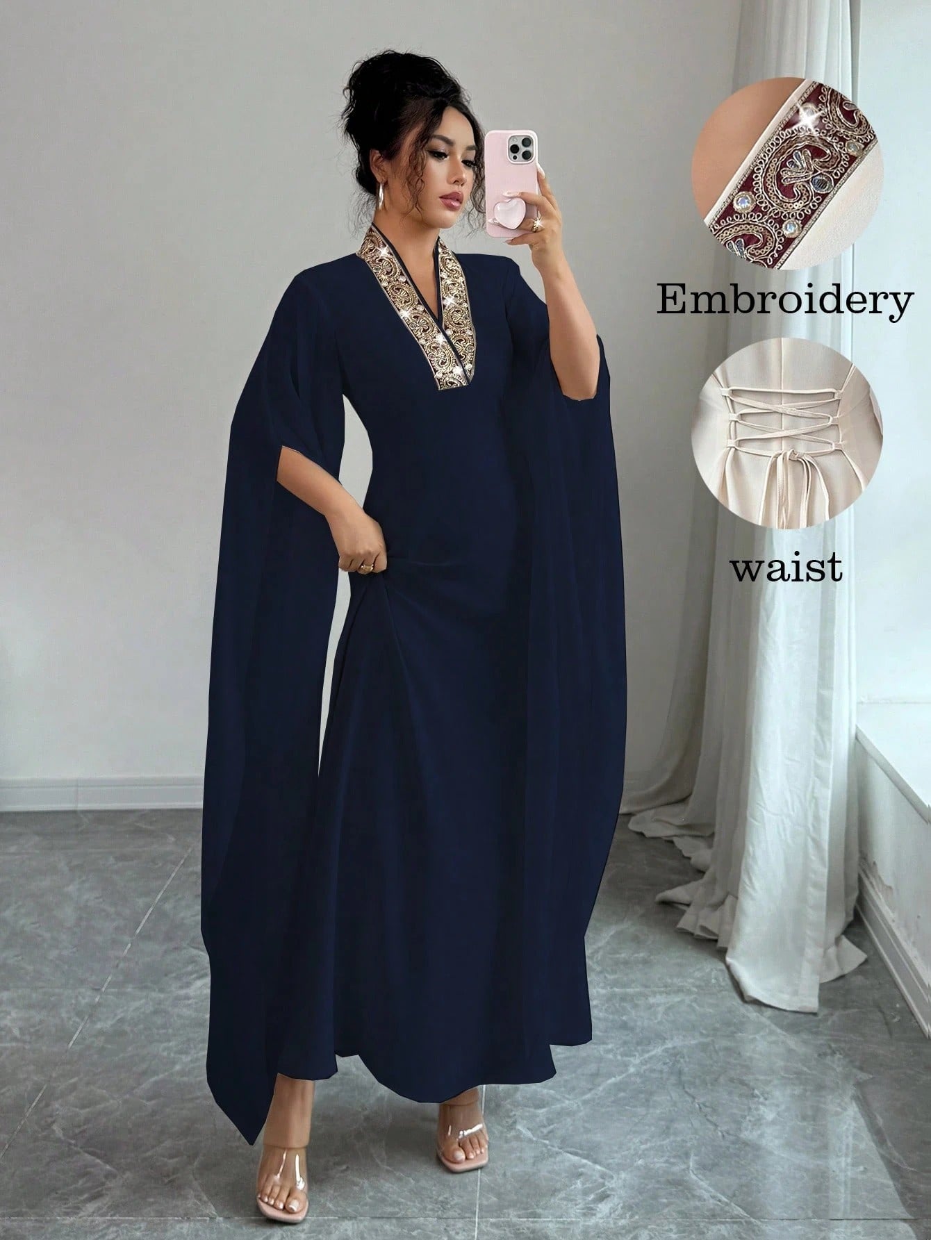 SHEIN Rafferiza  Vفستان ماكسي أنيق بلون أحادي بياقة وأكمام طويلة مشقوقة