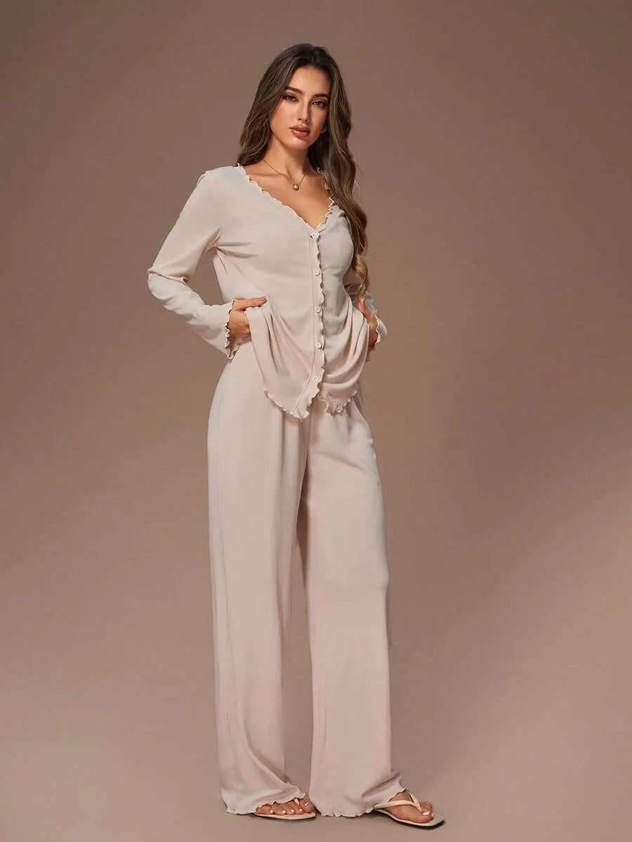 SHEIN Lazeform طقم بيجامة قطعتين كارديجان وبنطلون ضيق بلون مشمشي