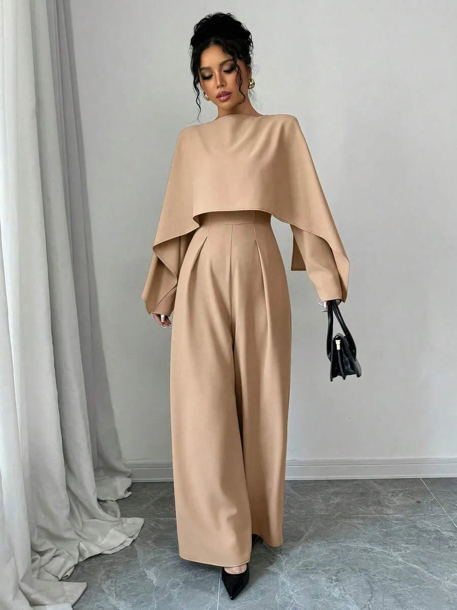 SHEIN Elenzga جمبسوت نسائي بياقة قارب وأكمام واسعة وخصر مجعد بلون مشمشي