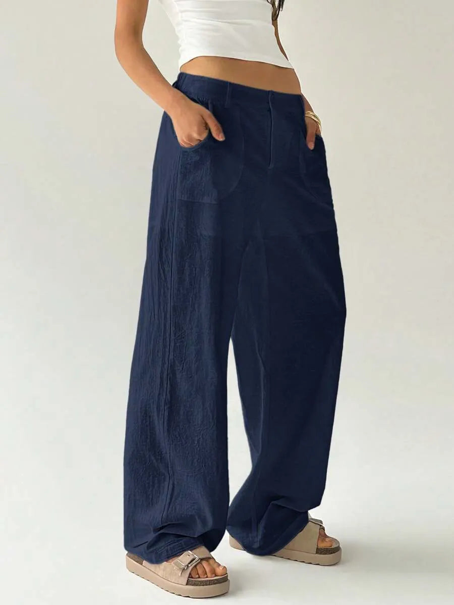 SHEIN Easelle بنطلون نسائي بخصر منخفض وساق مستقيمة وجيوب بلون أزرق داكن