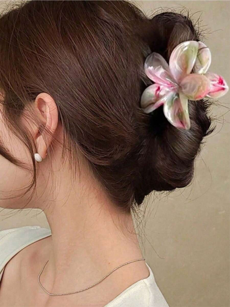 SHEIN مجموعة مشابك شعر زهرية وخضراء كبيرة