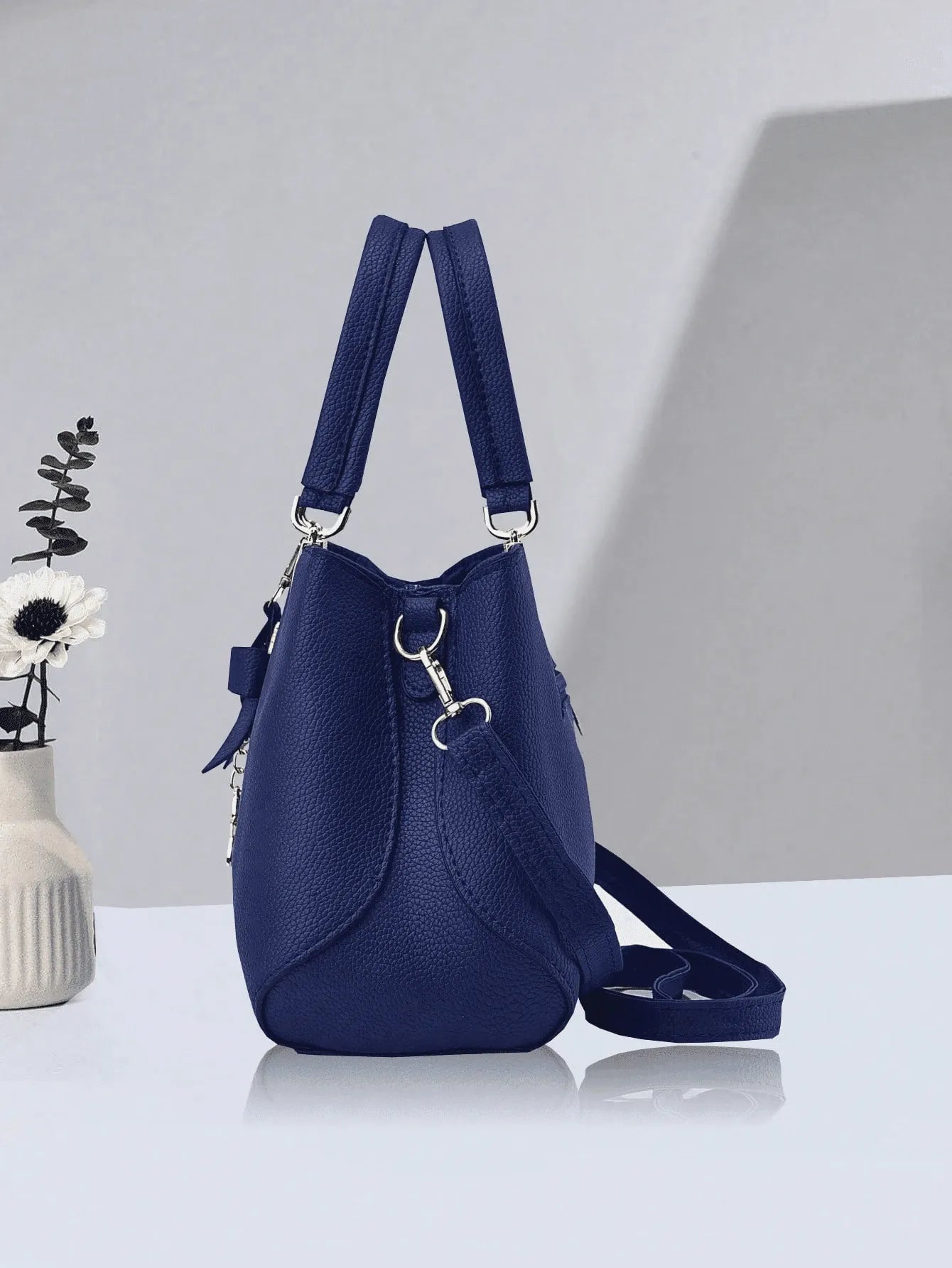 SHEIN طقم حقيبة وحافظة نقود نسائية من البولي يوريثان بلون سادة مع فيونكة وسحاب