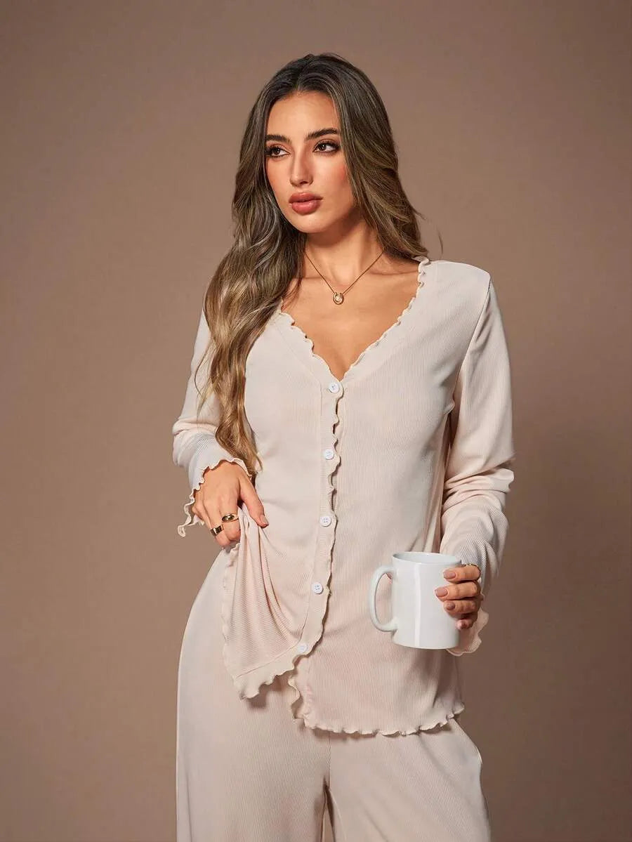 SHEIN Lazeform طقم بيجامة قطعتين كارديجان وبنطلون ضيق بلون مشمشي