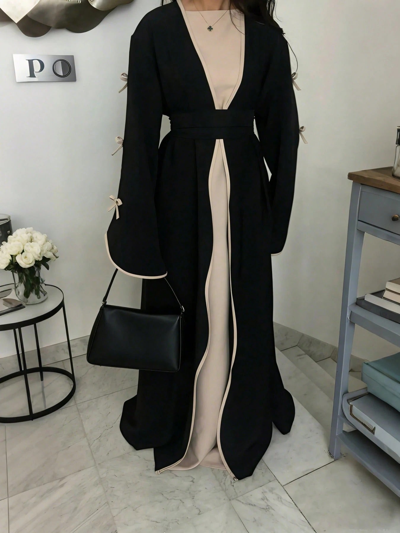 SHEIN SuofeiMan عباءة أنيقة جاكيت أسود بسيط مع حزام