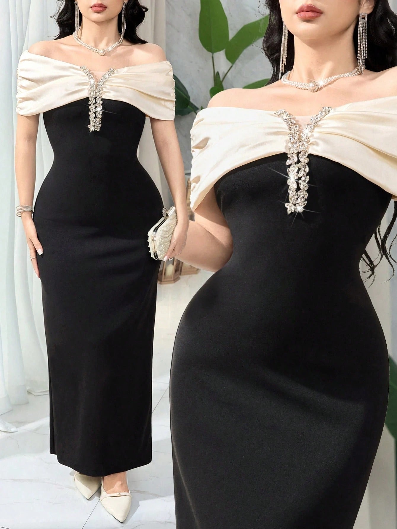 SHEIN Feyla فستان أسود بتصميم كتف مكشوف مزين بالراين