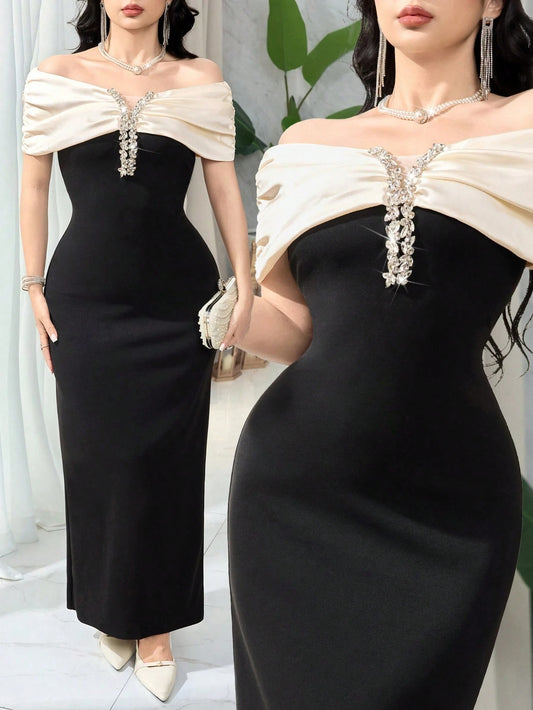 SHEIN Feyla فستان أسود بتصميم كتف مكشوف مزين بالراين