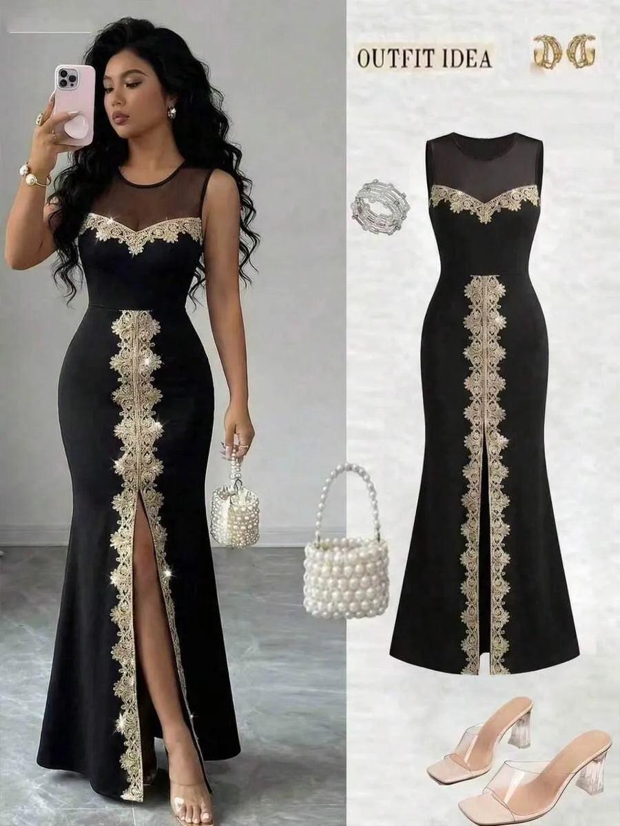 SHEIN Elenzga فستان ماكسي بدون أكمام بياقة دائرية وخصر مرتفع وكشكش بلون الأسود