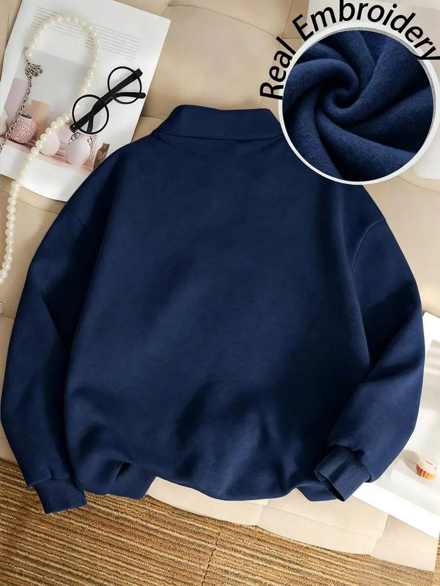 SHEIN سويت شيرت نسائي بتطريز وطباعة دب تيدي وسحاب نصفي بلون أزرق داكن