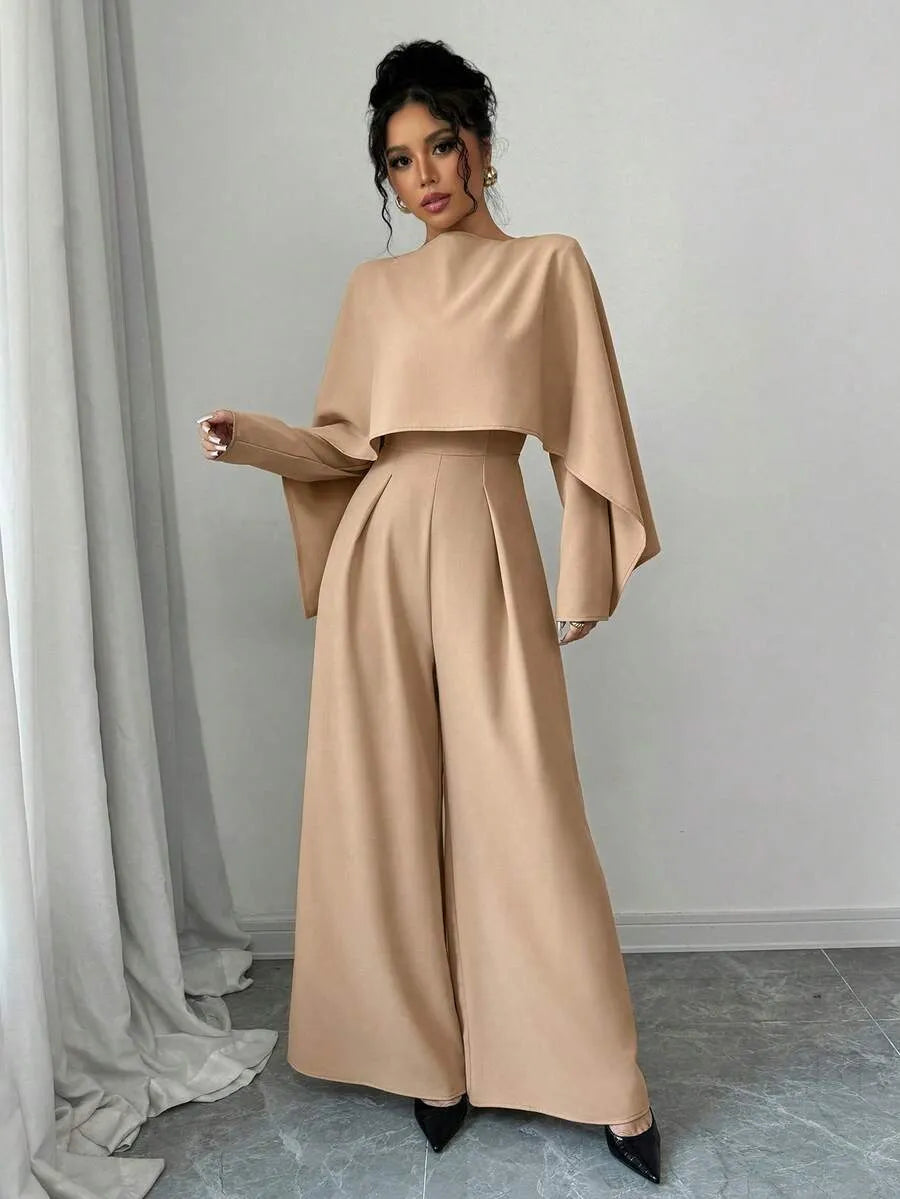 SHEIN Elenzga جمبسوت نسائي بياقة قارب وأكمام واسعة وخصر مجعد بلون مشمشي