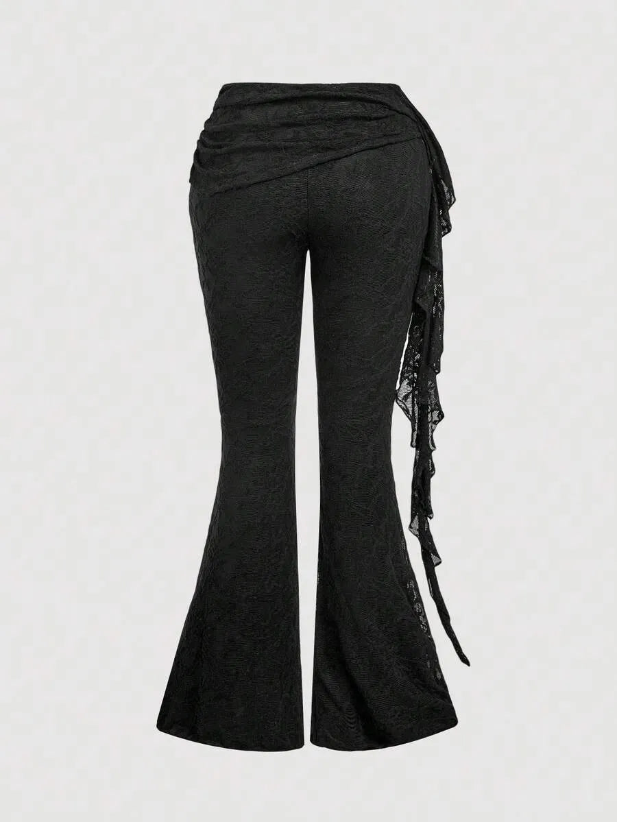SHEIN MOD بنطلون نسائي طويل بخصر منخفض وساق ضيقة وتفاصيل دانتيل بلون أسود