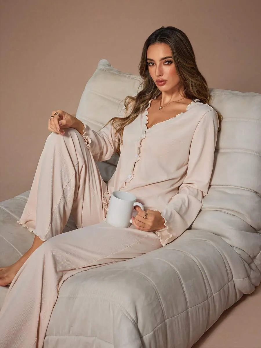 SHEIN Lazeform طقم بيجامة قطعتين كارديجان وبنطلون ضيق بلون مشمشي
